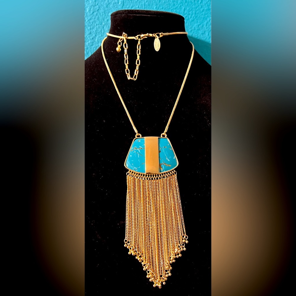 CHICOS Turquoise and Gold Tone Snake Chain Fringe Tassel Necklace